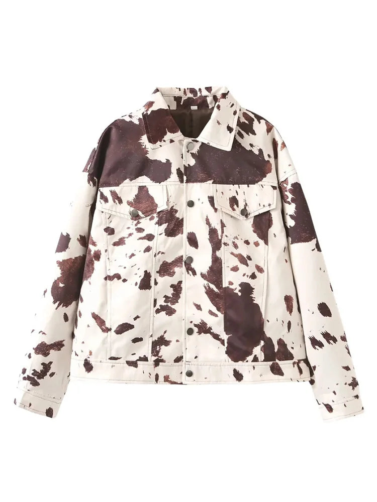TRAF Women's Fashion Printed Lapel Jacket Casual