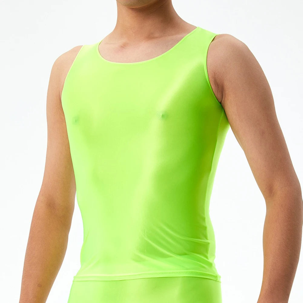 Men's Top Casual Oil Shiny Sleeveless Smooth