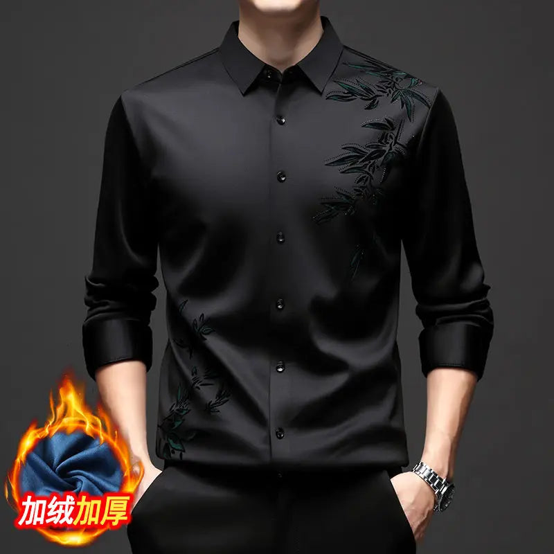 Autumn Winter Plus Fleece Men Shirts Printing