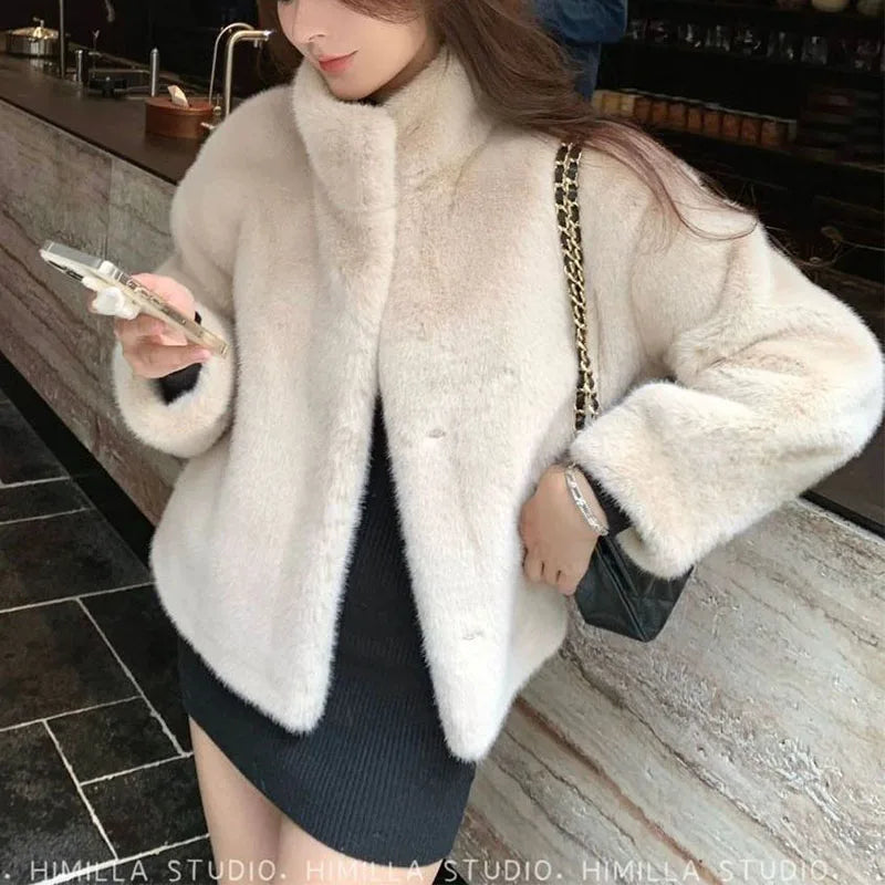 Luxury Mink Fur Loose Stand Collar Fur Coat