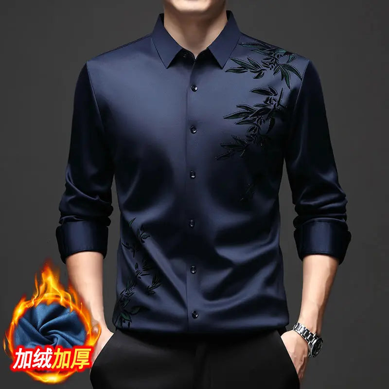 Autumn Winter Plus Fleece Men Shirts Printing