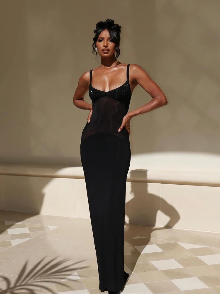 Sexy Spaghetti Strap Diamonds Mesh Patchwork