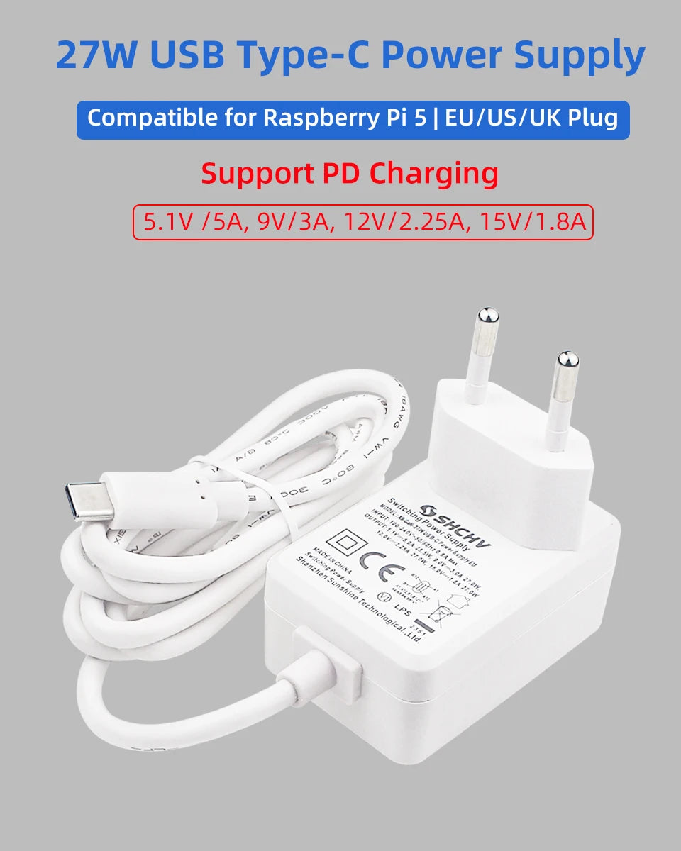 Raspberry Pi 5 5.1V 5A Power Supply PD 27W USB Type C