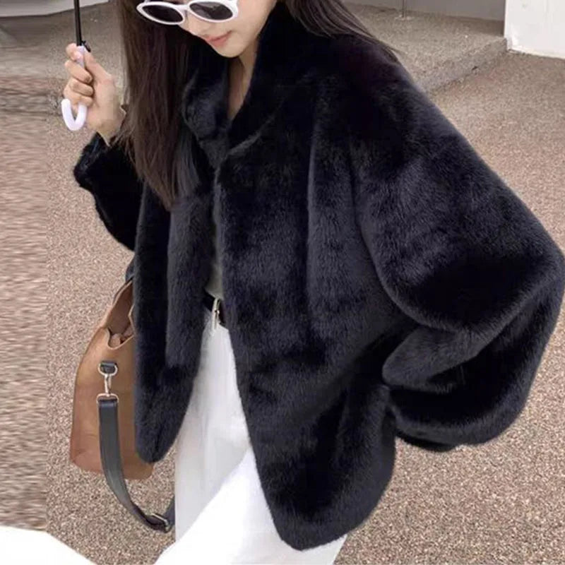 Luxury Mink Fur Loose Stand Collar Fur Coat