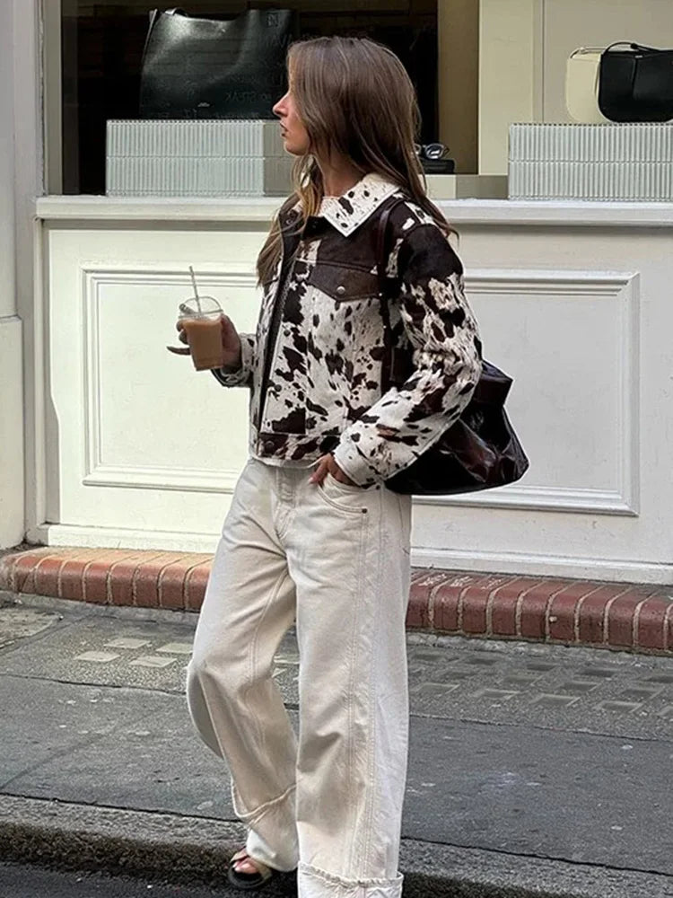 TRAF Women's Fashion Printed Lapel Jacket Casual