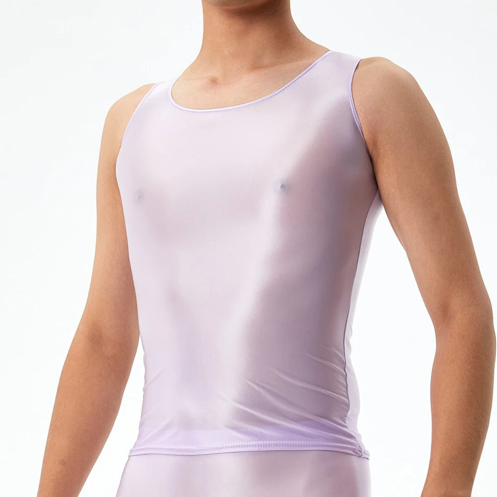 Men's Top Casual Oil Shiny Sleeveless Smooth