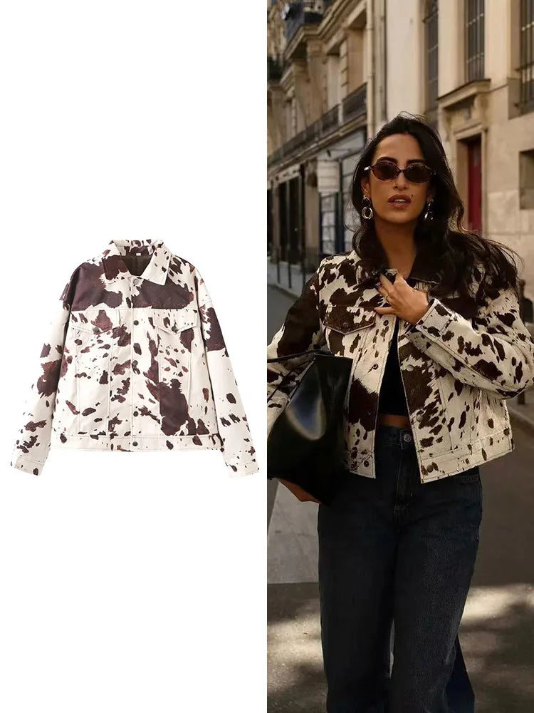 TRAF Women's Fashion Printed Lapel Jacket Casual