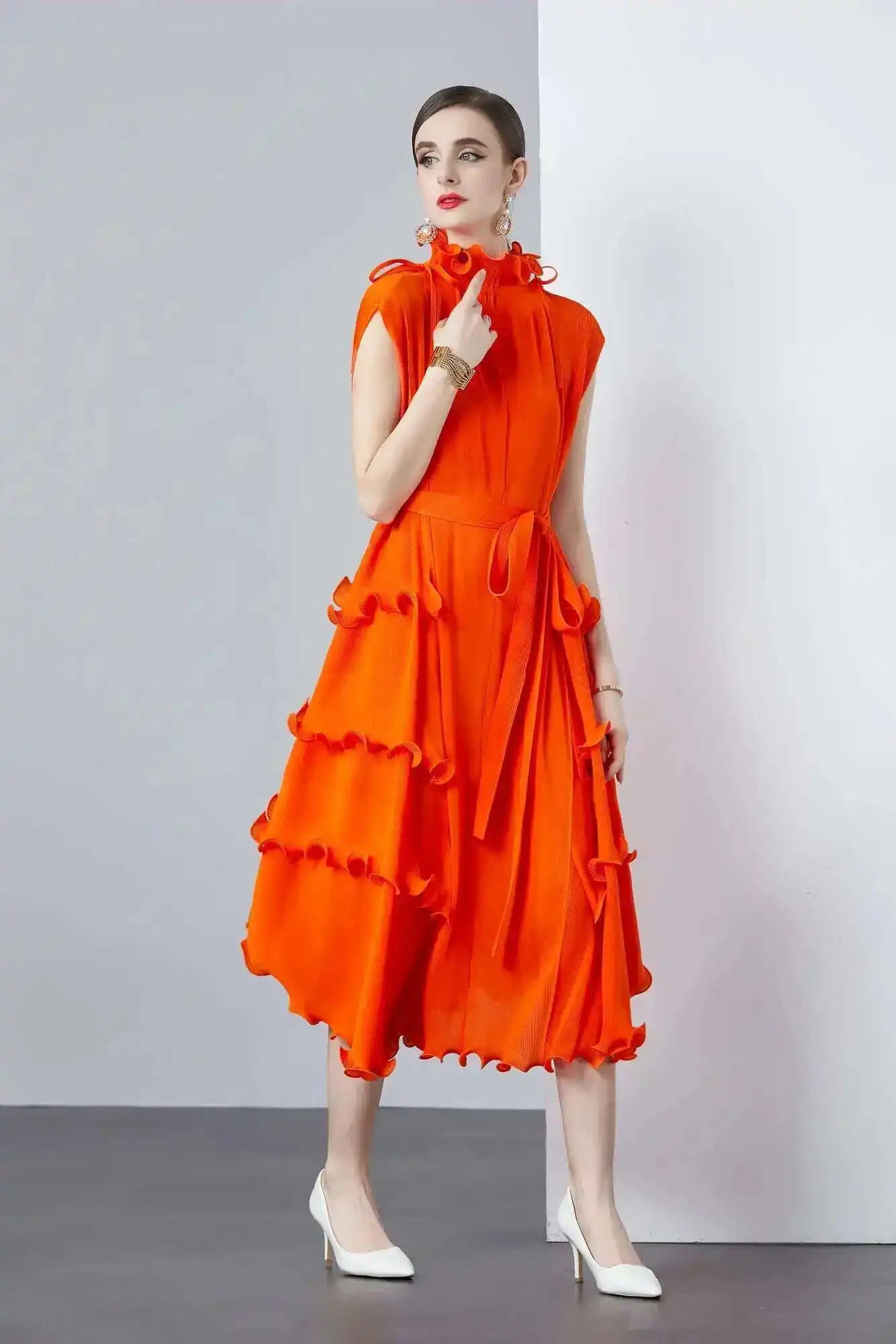 LANMREM Fashion Ruffles Pleated Party Dress