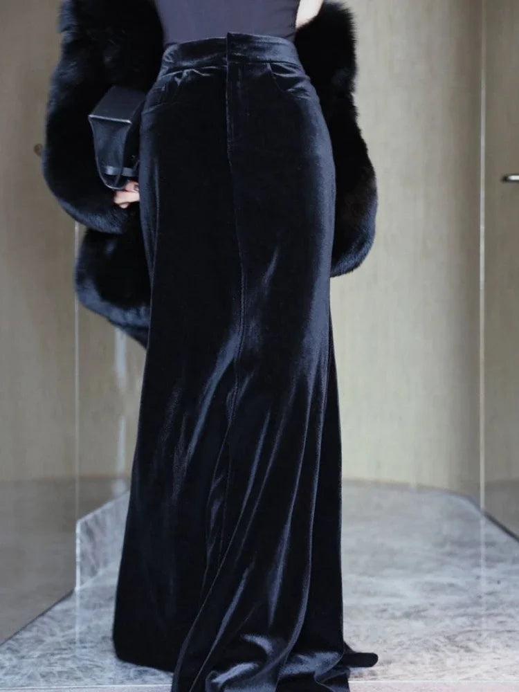 ADAgirl Velvet Black Skirts for Women Elegant High Waist