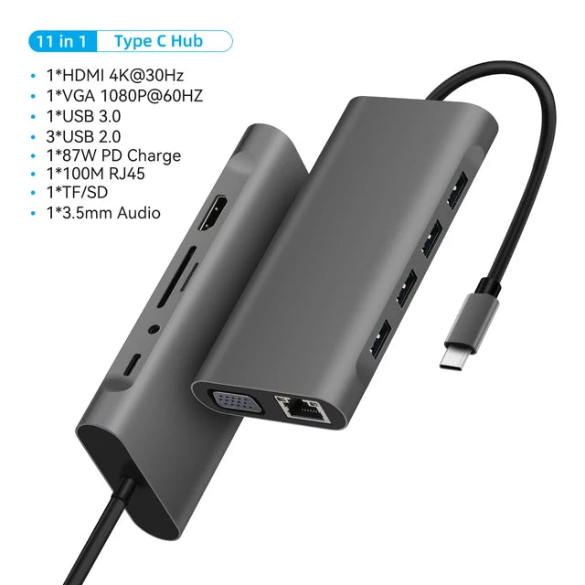 11 in 1 USB C HUB Type C to 4K HDMI-compatible USB 3.0 A
