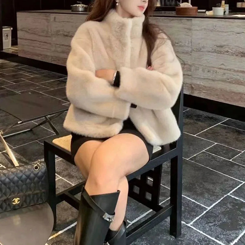 Luxury Mink Fur Loose Stand Collar Fur Coat