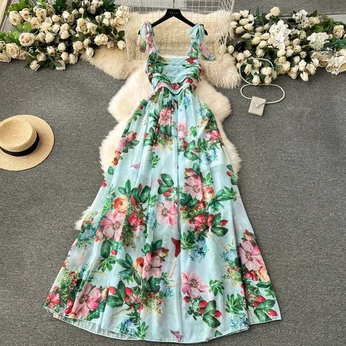Retro Floral Print Sleeveless Off Shoulder