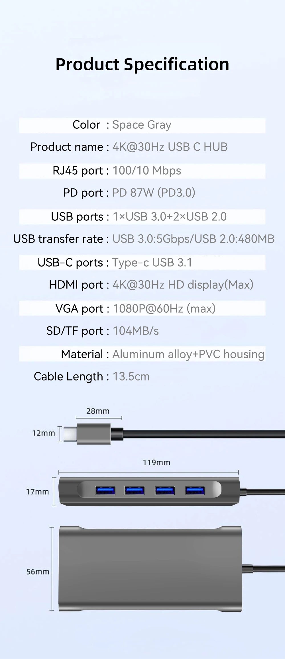 11 in 1 USB C HUB Type C to 4K HDMI-compatible USB 3.0 A