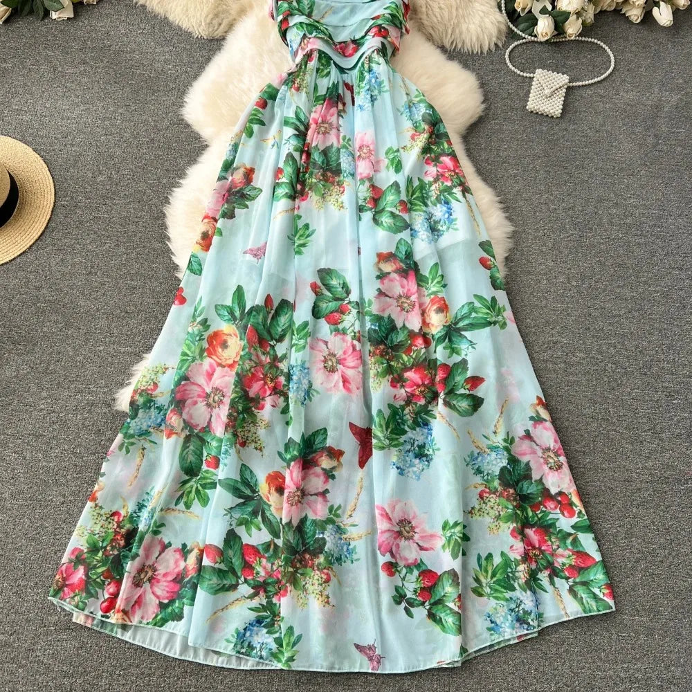 Retro Floral Print Sleeveless Off Shoulder