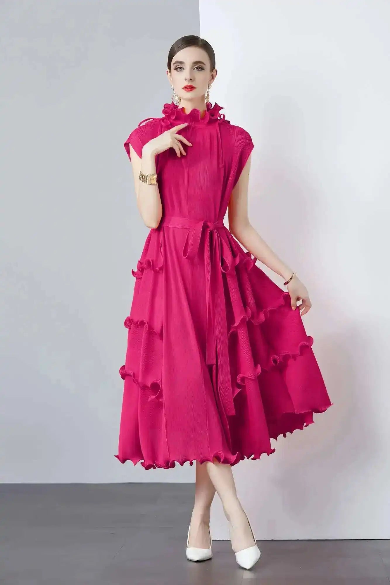 LANMREM Fashion Ruffles Pleated Party Dress