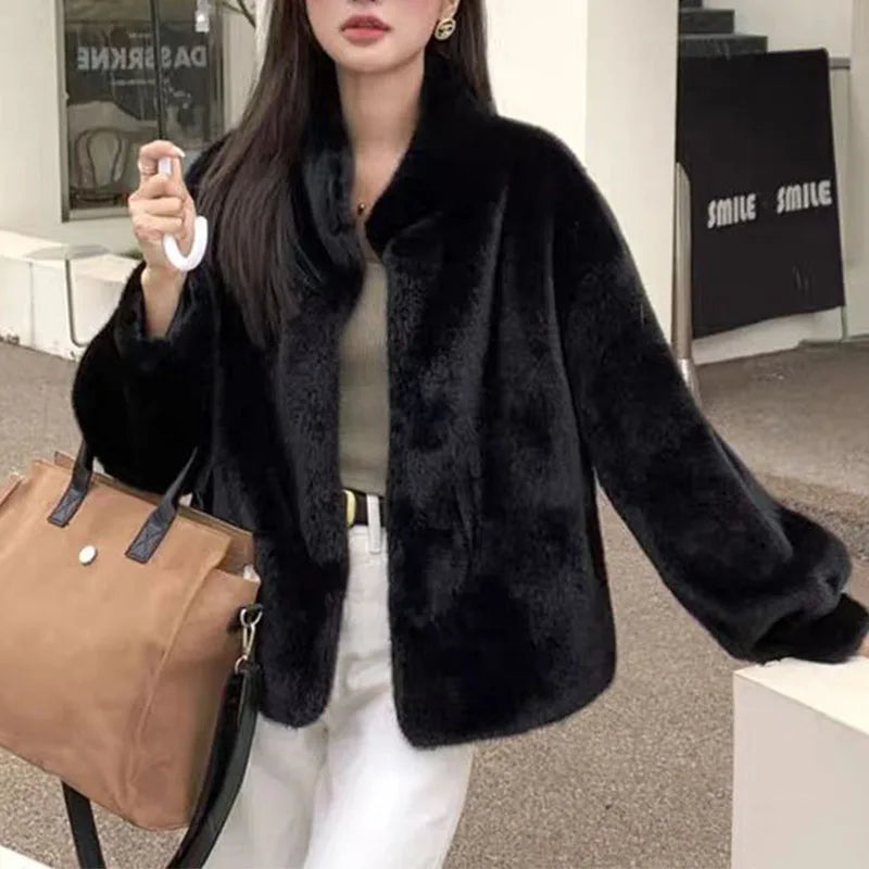 Luxury Mink Fur Loose Stand Collar Fur Coat