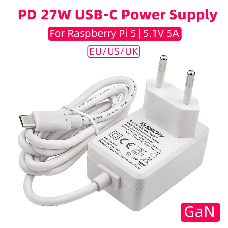 Raspberry Pi 5 5.1V 5A Power Supply PD 27W USB Type C