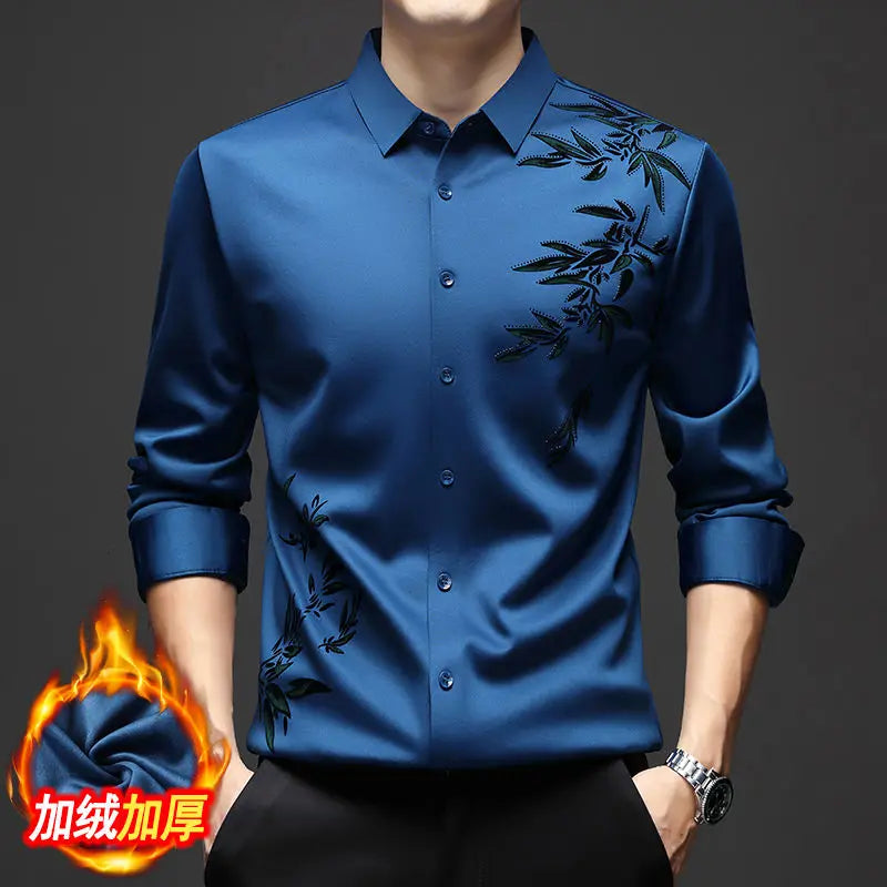 Autumn Winter Plus Fleece Men Shirts Printing