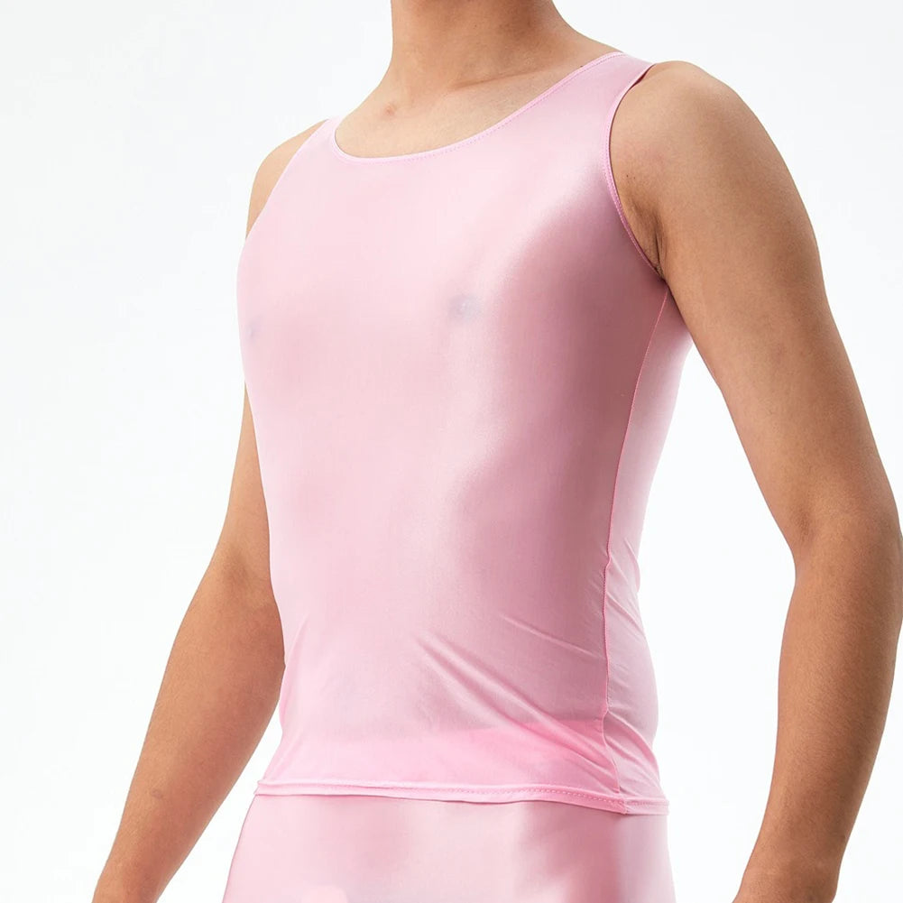 Men's Top Casual Oil Shiny Sleeveless Smooth
