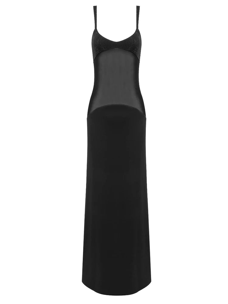 Sexy Spaghetti Strap Diamonds Mesh Patchwork