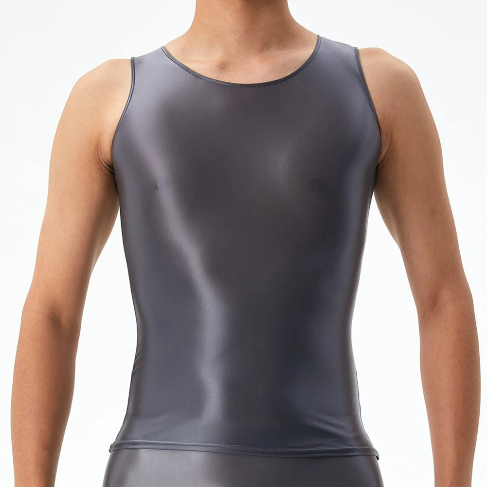 Men's Top Casual Oil Shiny Sleeveless Smooth