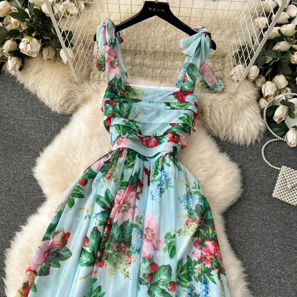 Retro Floral Print Sleeveless Off Shoulder