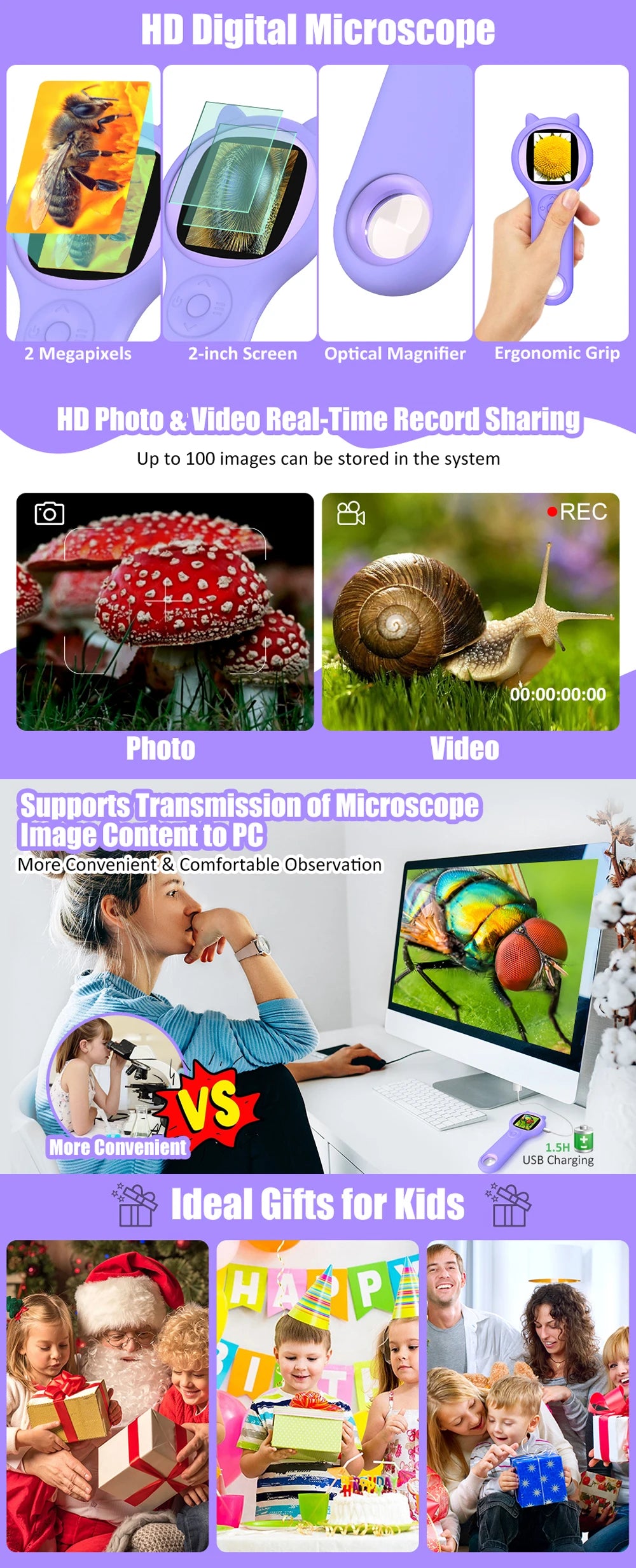 Pocket Microscope Kids 500X Science Toy With Photo And Video Function