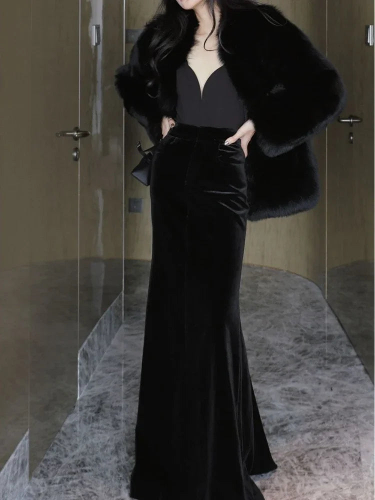ADAgirl Velvet Black Skirts for Women Elegant High Waist