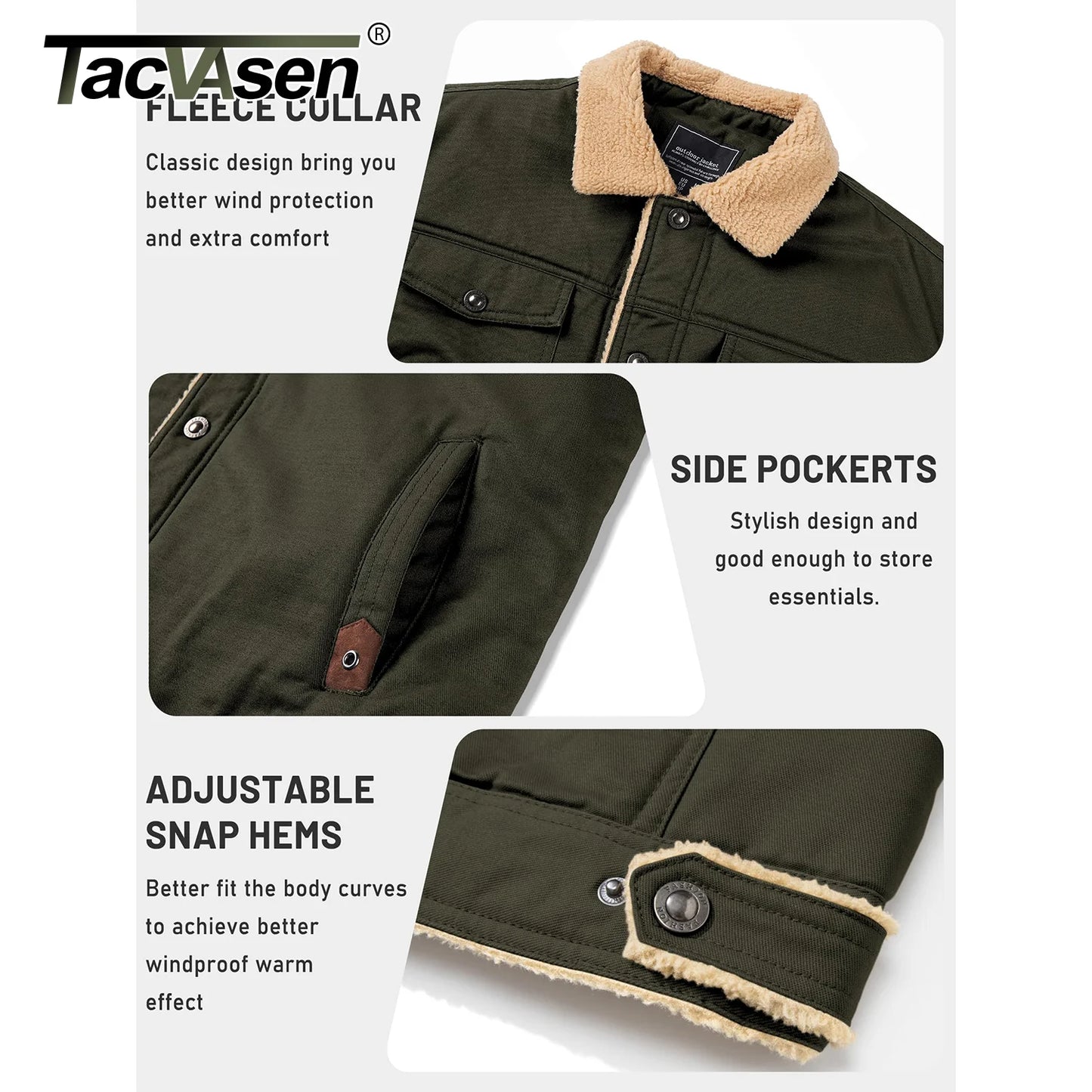 TACVASEN Turn-down Collar Winter Cotton Jackets