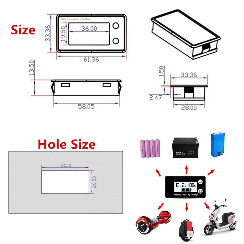 Battery Capacity Indicator DC 8V-100V Lead Acid Lithium