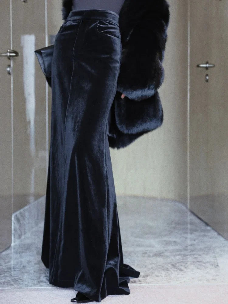 ADAgirl Velvet Black Skirts for Women Elegant High Waist