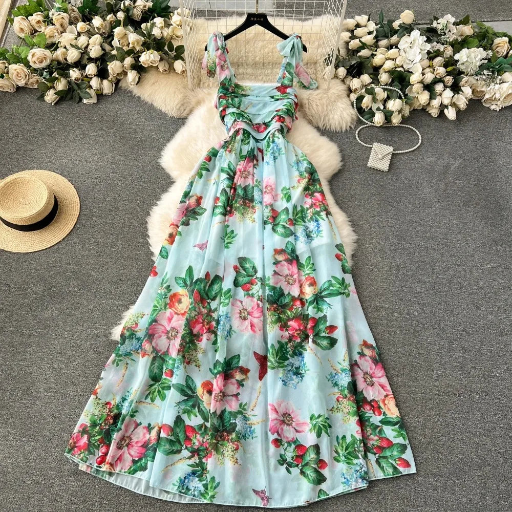 Retro Floral Print Sleeveless Off Shoulder