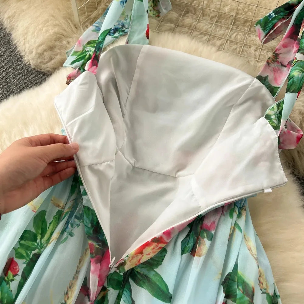 Retro Floral Print Sleeveless Off Shoulder
