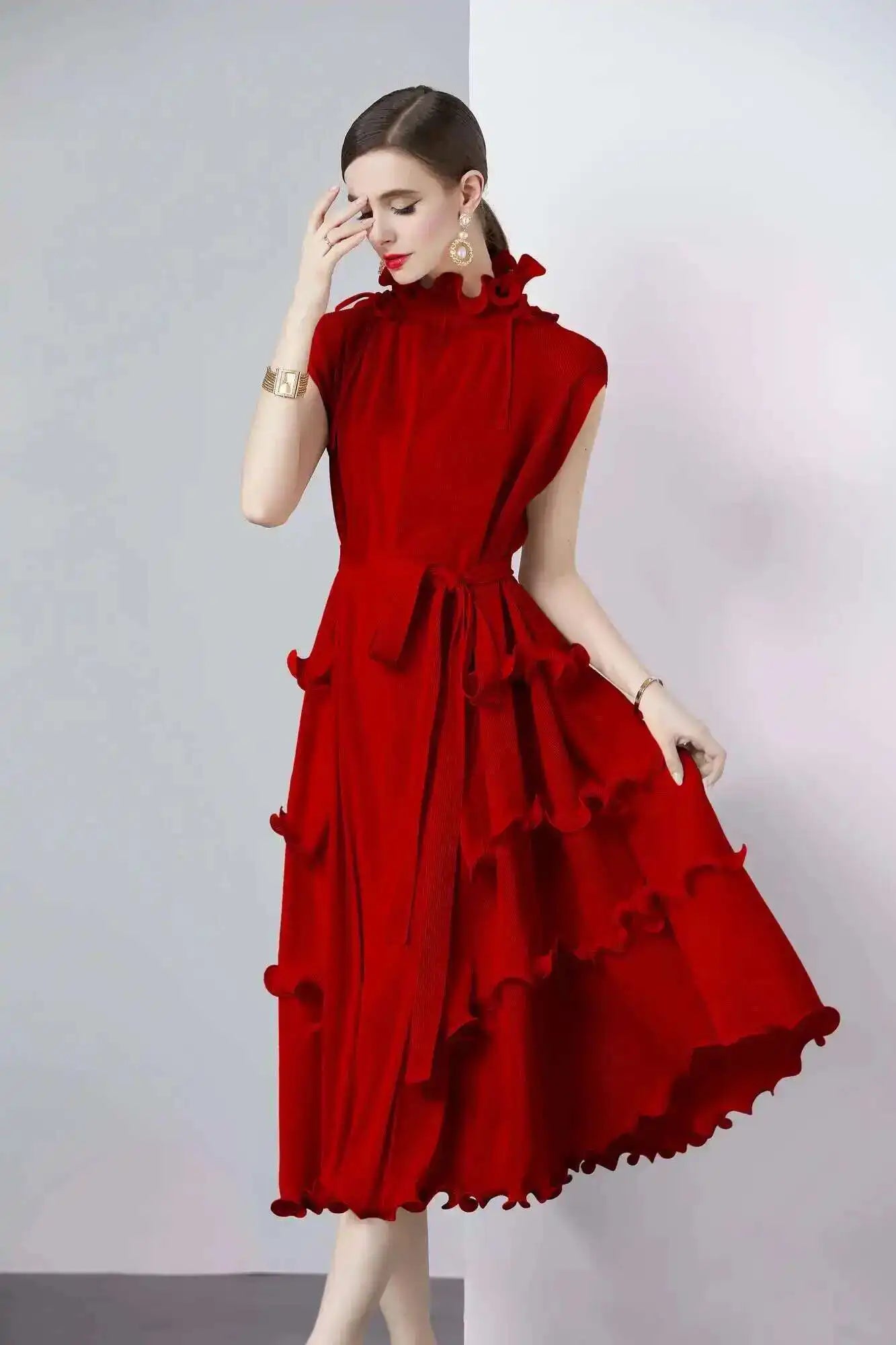 LANMREM Fashion Ruffles Pleated Party Dress