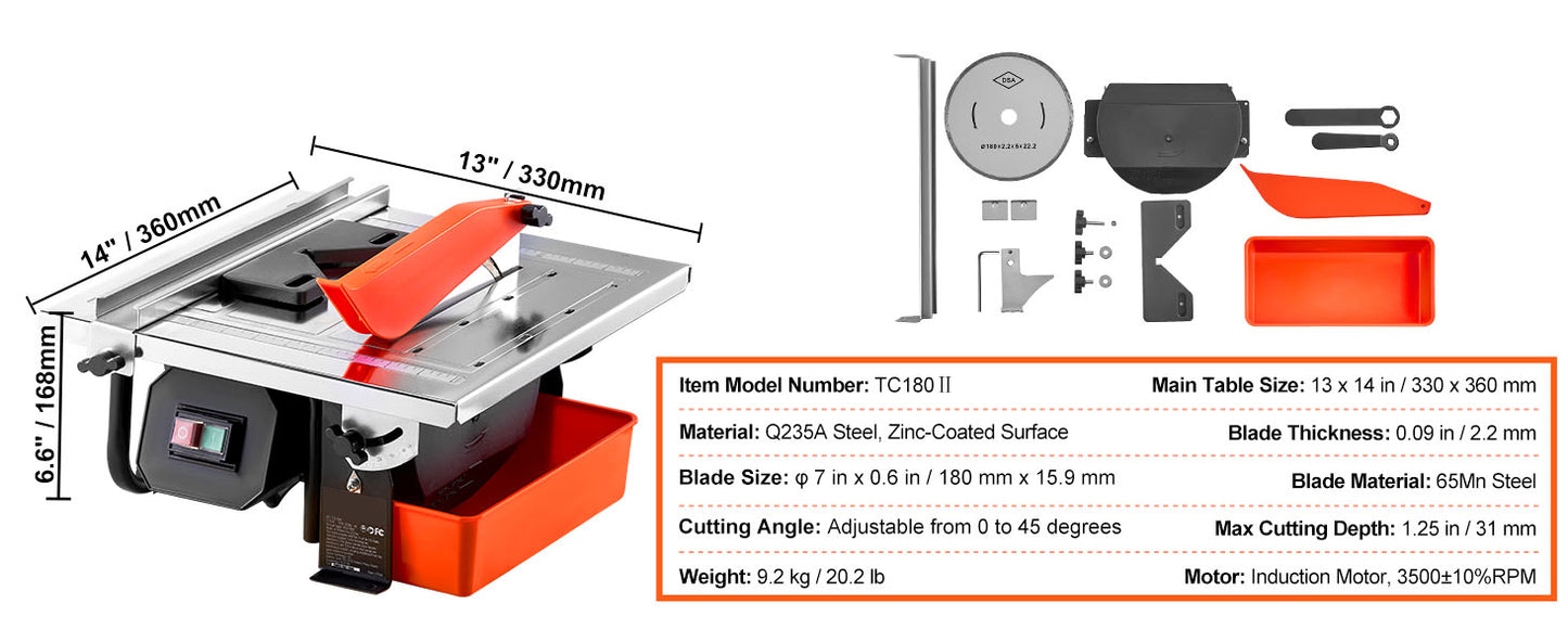 SucceBuy Wet Tile Saw 7-inch 65Mn Steel Blade 3500 RPM Induction Motor