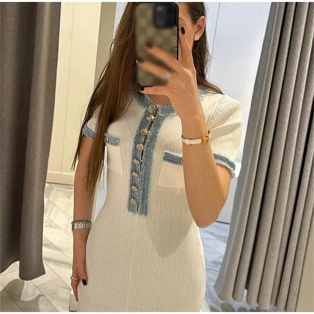 Elegant Contrasting Women Knit Maxi Dress