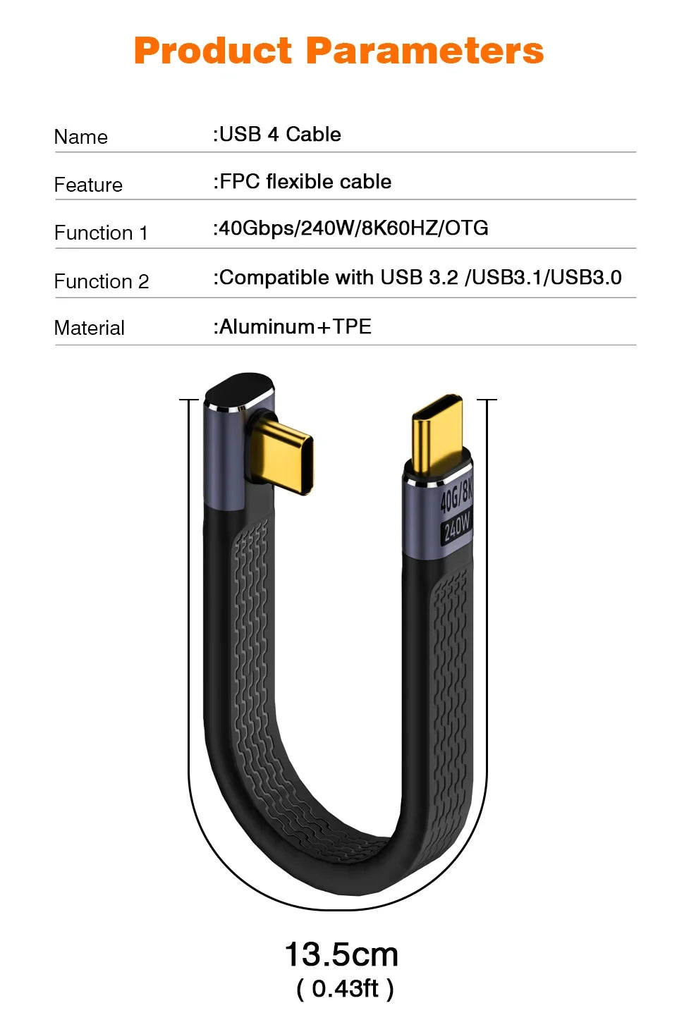 USB4 Elbow Short Cable 13.5cm Thunderbolt4 Type C Cable