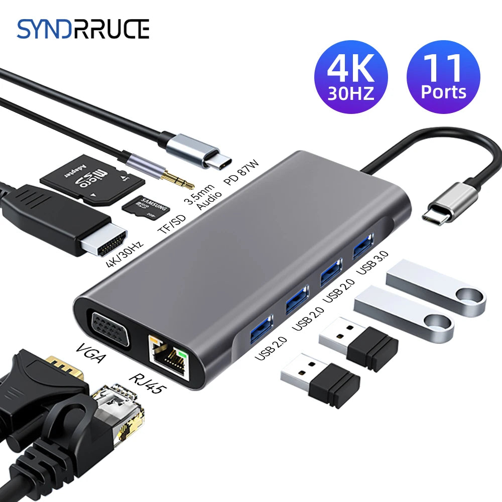 11 in 1 USB C HUB Type C to 4K HDMI-compatible USB 3.0 A