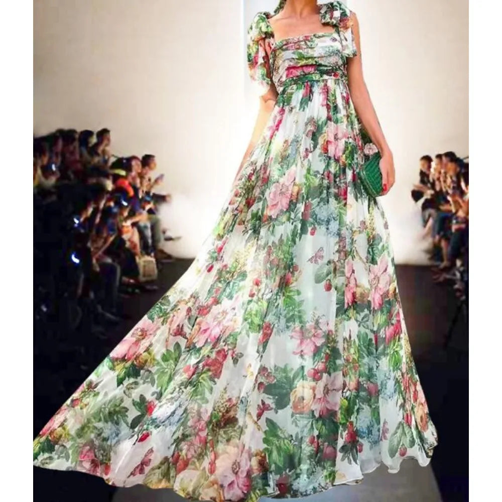 Retro Floral Print Sleeveless Off Shoulder