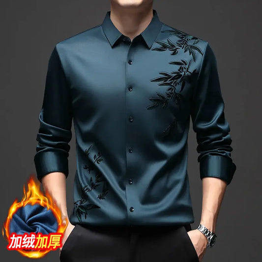 Autumn Winter Plus Fleece Men Shirts Printing