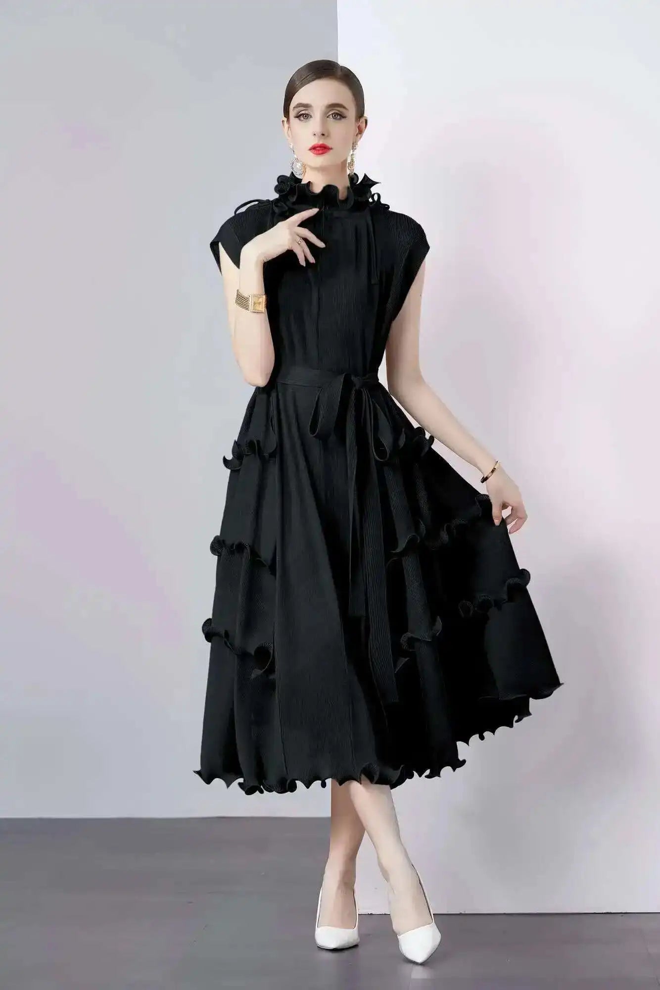 LANMREM Fashion Ruffles Pleated Party Dress