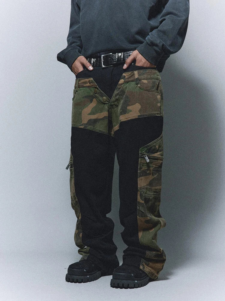 REDDACHIC Vintage Patchwork Camouflage Cargo Jeans Men