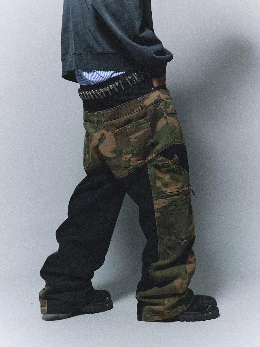 REDDACHIC Vintage Patchwork Camouflage Cargo Jeans Men