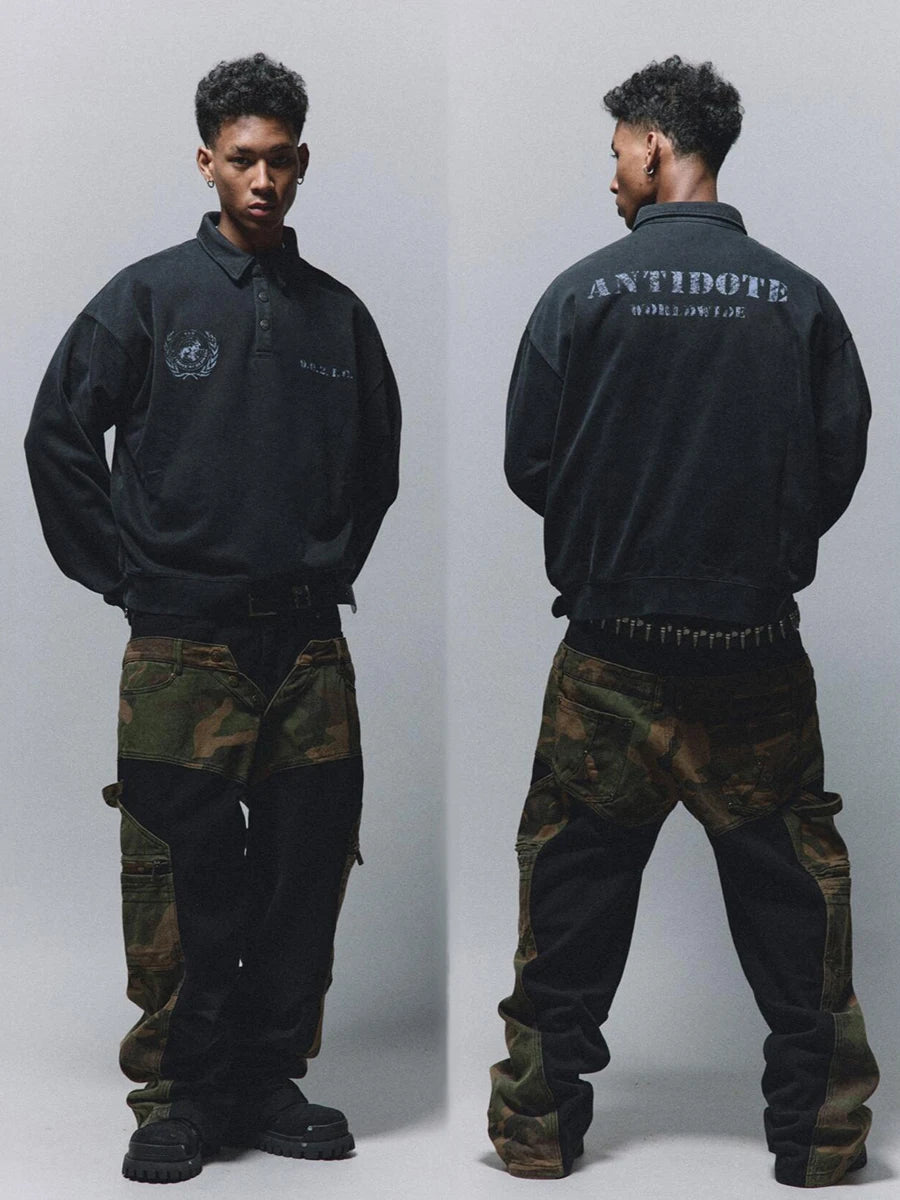 REDDACHIC Vintage Patchwork Camouflage Cargo Jeans Men