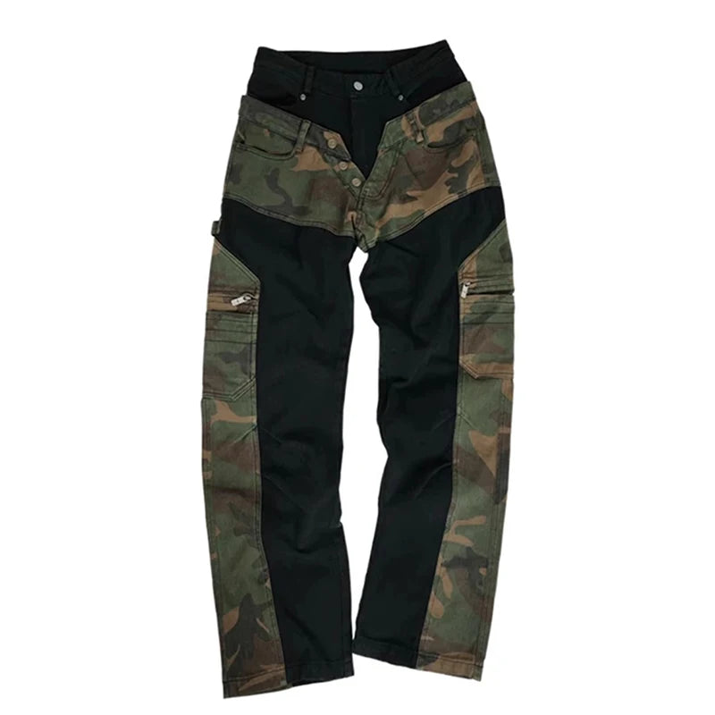REDDACHIC Vintage Patchwork Camouflage Cargo Jeans Men