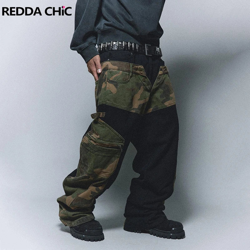 REDDACHIC Vintage Patchwork Camouflage Cargo Jeans Men